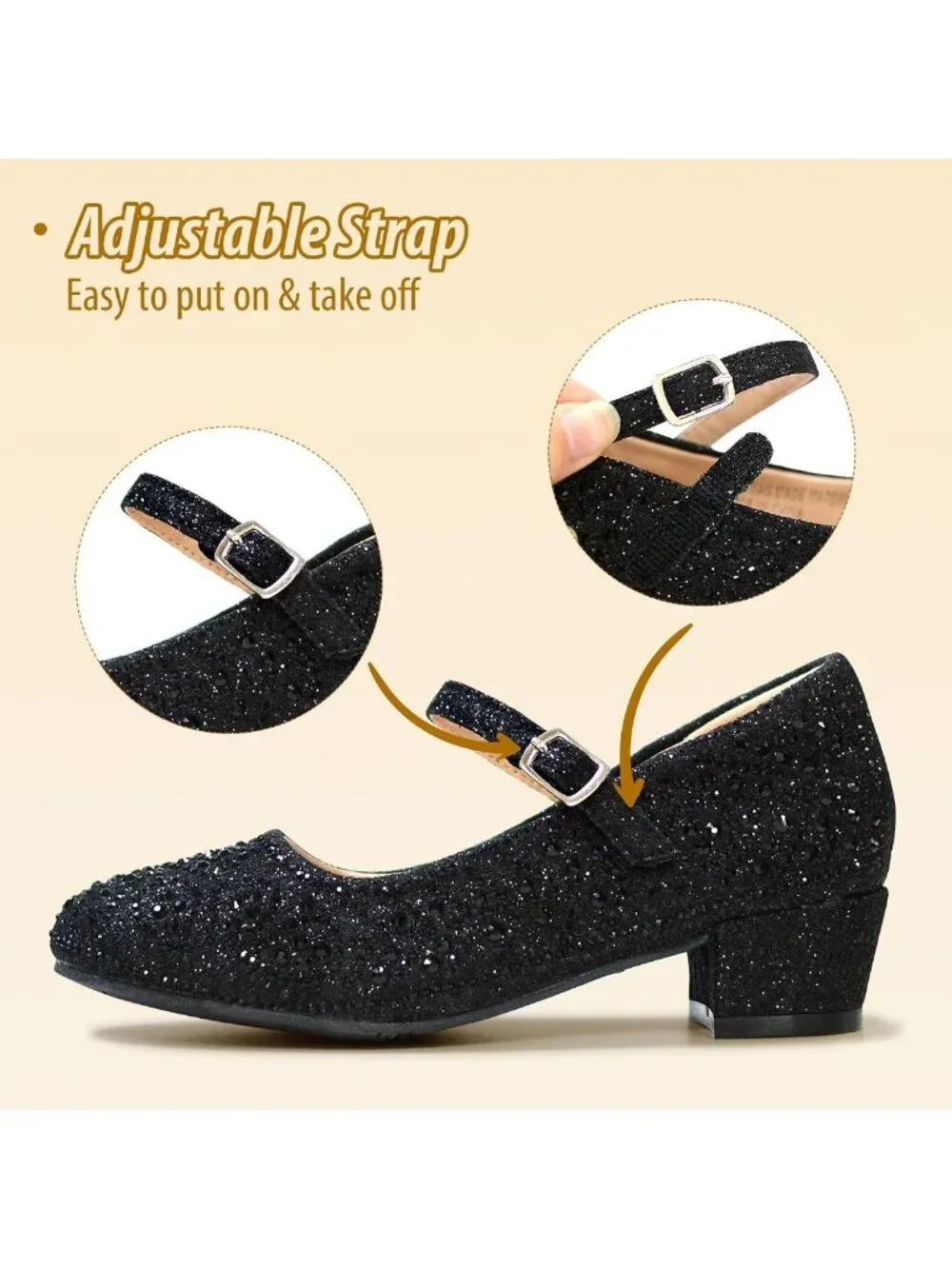 Sparkly Mary Jane Dress Shoes for Girls - Low Heel Hook & Loop Flats for School